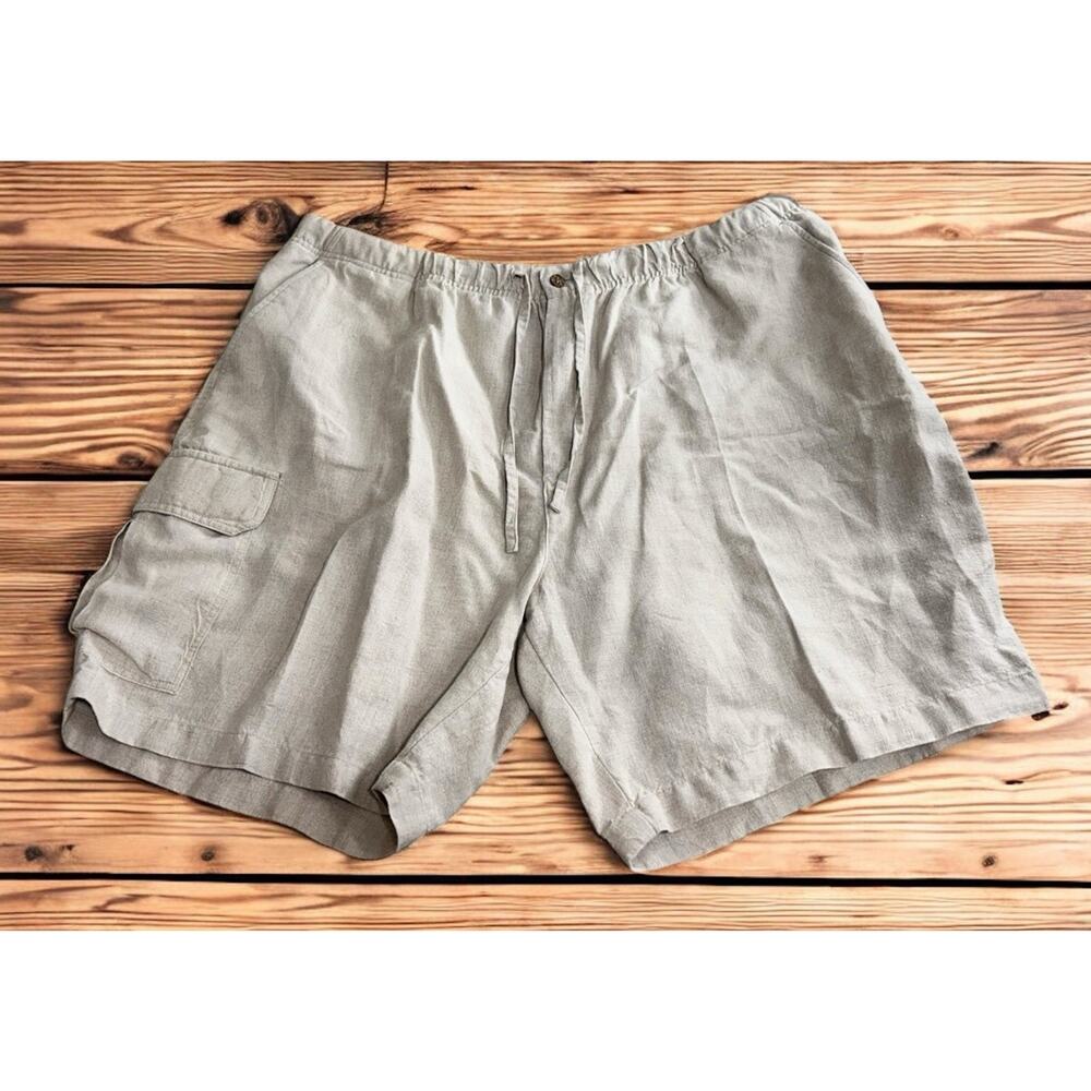 Caribbean Beige Linen Shorts Sz 48 Big Drawstring Elastic Waist 8.5" Inseam Mens